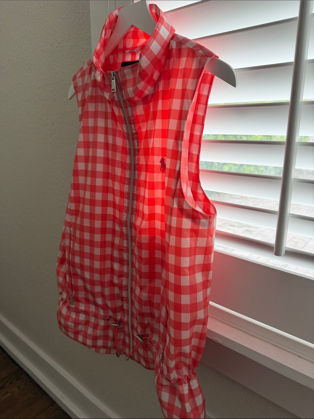 Ralph Lauren Coral and White Gingham Zip-Front Golf Vest